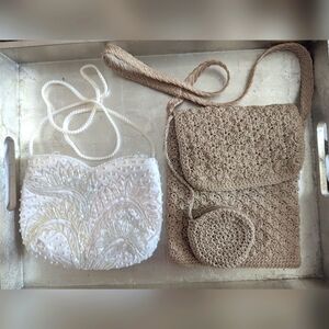 Vintage 2 White Beaded Handmade Tan Crochet Crossbody Bags Bling Boho